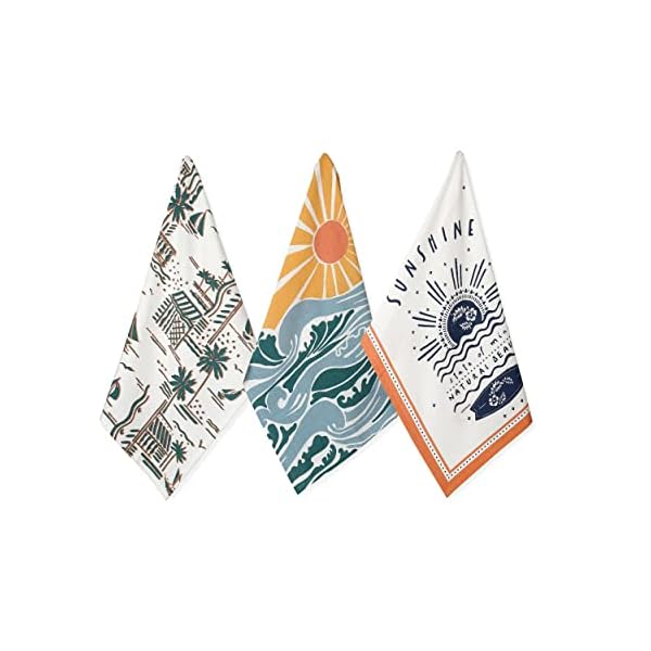 Folkulture Spring Dish Towels for Drying Dishes or Boho Kitchen Towels with Hanging Loop, Modern Decorative Tea Towels and Dishcloths Set for Farmhouse Decor, 100% Cotton, 20 x 26 Inch, Set of 3 Aloha