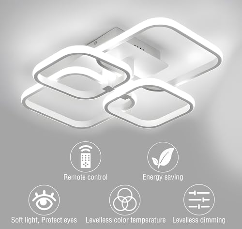 Image of PANCA Modern LED Chandelier Light for Ceiling | 3-Color Dimmable Ceiling Light with Remote Control | Acrylic White Flush Mount Fancy Ceiling Lamp for Living Room, Bedroom & Hall (58x45x12cm)