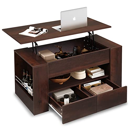 Wlive Lift Top Coffee Table With Storage,Small Coffee Table With Drawers For Living Room,Hidden Compartment And Open Shelf,Central Table For Reception Room,Espresso #TOP14