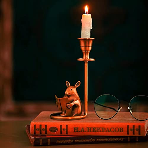 Lemonadeus Mouse Reading Taper Candle Holders Creative Animal Candlestick Holders, Centerpiece Table Decorative Candlelight Dinner Metal Candle Stand Novelty Home Decor #TOP3