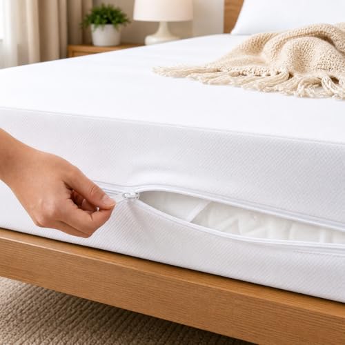 Image of 100% Waterproof Queen Size Zipper Mattress Encasement - Ultra Soft & Breathable Six-Sided Bed Cover, Dustproof Noiseless Fitted Design, 75x60 Inch (6x6 Feet), Fits Up to 6 Inch Mattress, White