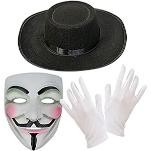 Dreamzfit – Adulto Halloween Anónimo Guy Fawkes Hacker ~ V para Vendetta Máscara de miedo blanca Sombrero negro y guantes de purga de terror Disfraz de fiesta de disfraces