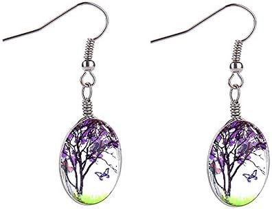 Tree of Life Dried Pressed Real Flowers Earrings, Glass Dangle Earrings Teardrop Hook Earrings for Women Girls (Purple)