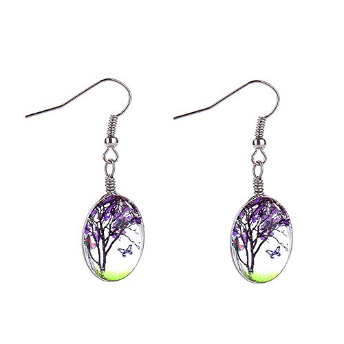 Tree Of Life Dried Pressed Real Flowers Earrings, Glass Dangle Earrings Teardrop Hook Earrings For Women Girls (Purple) #TOP1