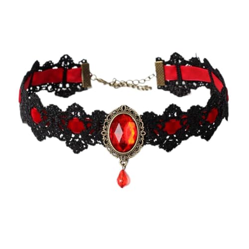 Youniker Retro Handmade Choker Necklace for Women Gothic Black Lace Necklace for Halloween Punk Costume Party Royal Court Vampire Choker Pendant Chain (Red)
