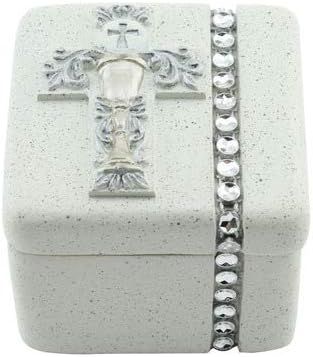 Roman First Holy Communion Silver Chalice 2 x 2 Inch Resin Stone Keepsake Rosary Jewelry Box