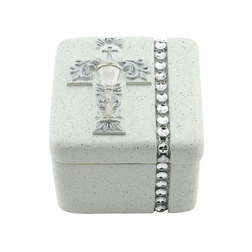 Roman First Holy Communion Silver Chalice 2 X 2 Inch Resin Stone Keepsake Rosary Jewelry Box #TOP1