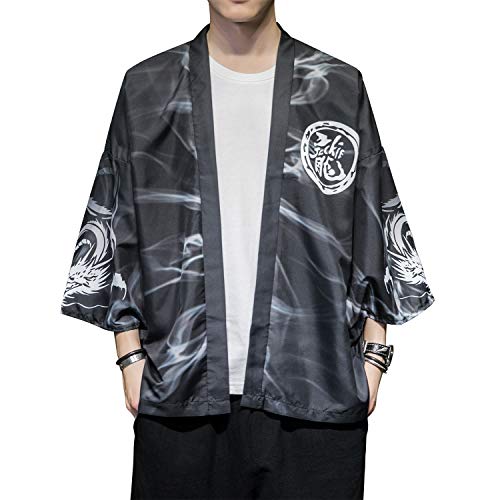 Image of Men's Japanese Kimono Robe Jacket Lightweight 3 /4 Sleeve Open Front Yukata | Silky Smooth Fashion Print Happi Coat Lightweight Breathable Loose Unisex Haori Casual Summer Cardigan Daily Beach Vacation