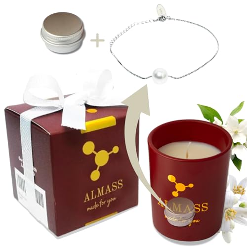 ALMASS Candela Gioiello Candela PICCOLA 175g+ Un braccialetto placcato in argento 925 con una perla+ Un piccolo portagioielli, Confezione regalo di profumo puro all'8% per donna
