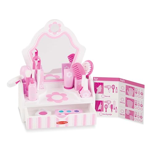 Melissa & Doug Wooden Beauty Salon Play Set 18-Piece Vanity with Pretend Play Toys Makeup Mirror Accessories & More Preschool Toys for Girls & Boys Ages 3+ - FSC Certified
