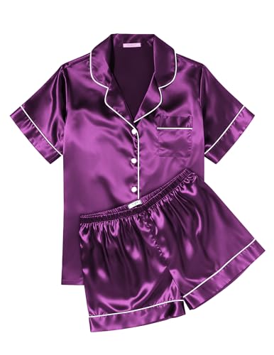 Image of Ekouaer Womens Silk Satin Pajama Sets Soft Short Sleeve Button Down Sleepwear Top and Shorts 2 Piece Pjs Lounge Set