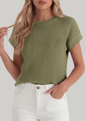 PRETTYGARDEN Women's 2026 Spring Fashion Sweater Vest Business Casual Crochet Tops Cap Sleeve Knit Shirt Beach Summer Outfits (Army Green,Large) — view 2