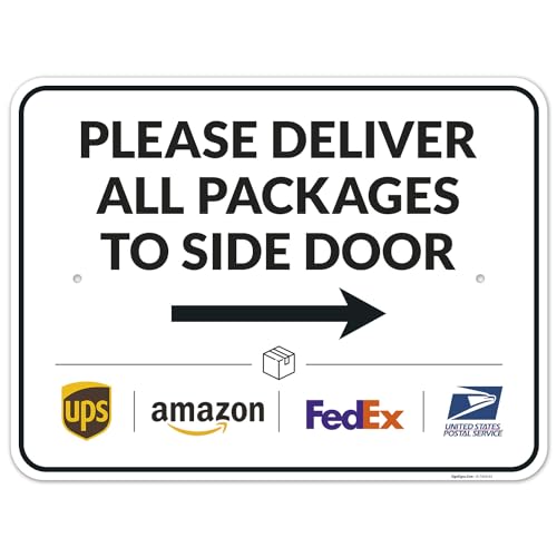 Image of Package Delivery Sign, Delivery Instructions Deliver All Package to Side Door Right Arrow Sign, 18x24 Inches, Rust Free .063 Aluminum, Fade Resistant, Made in USA by Sigo Signs