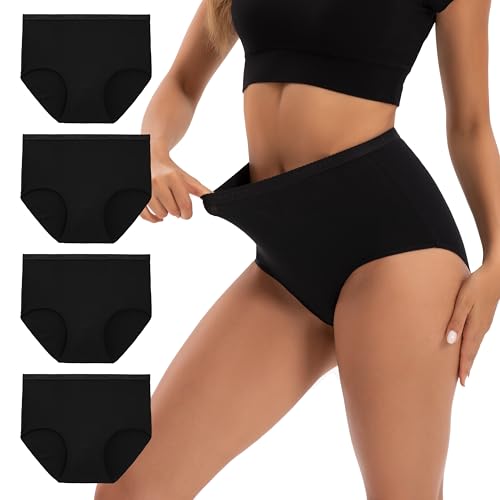 INNERSY Black Knickers High Waist Pants for Women Cotton Ladies Briefs Full Coverage Panties 4 Pack (12, Black)