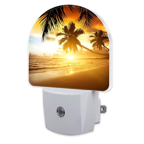 Image of Tropical Ocean Beach Night Light, Palm Trees at Sunset Dusk to Dawn Night Light Plug in,0.5w Energy Saving Sleep Friendly NightLight for Kids Boys Girls Home Decor