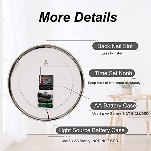 Wall Clock For Kitchen Bedroom, Silent Luminous Wall Clock 12 Inch Battery Operated Led Night Light Clock With Sound Control, No Ticking Round Moon Pattern, Aluminum Finish, Living Room Decor(Golden) #TOP2