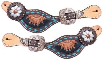 Showman Ladies Sunflower Tooled Spur Straps w/Turquoise Buckstitch Trim