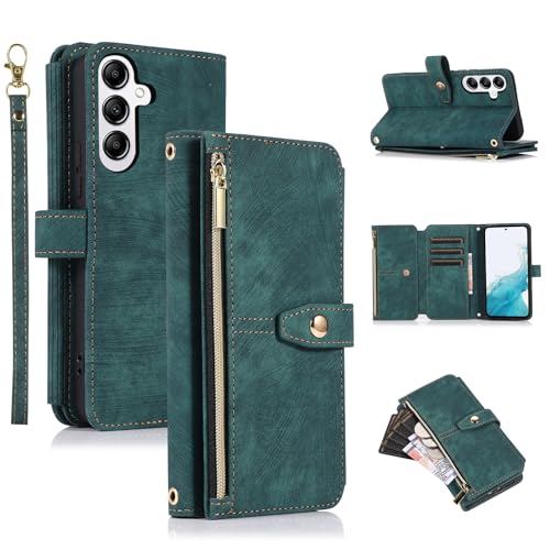 UEEBAI Wallet Case for Samsung Galaxy S24 5G, 9 Card Slots Retro Leather Wallet Shockproof Flip Cover with Hand Strap Card Slots Zipper Pocket Kickstand Handbag Magnetic Closure - Retro Green