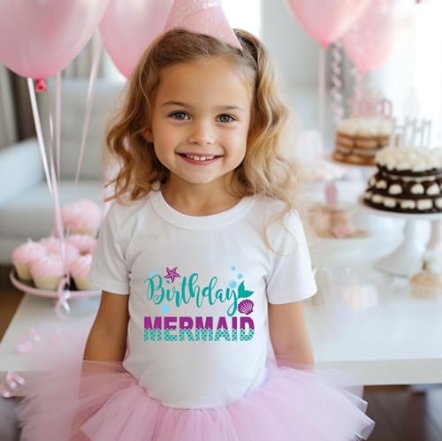 Image of Birthday Shirt Girls Toddler T-Shirts Unicorn Mermaid Birthday Tees Little Kids Top Outfit White Pink 2nd 3rd 4th 5th 6th 7th