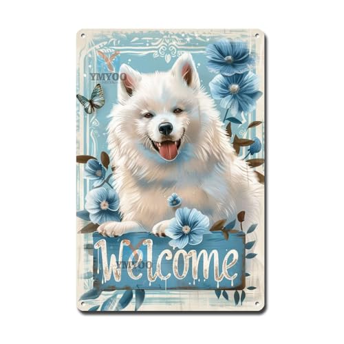 Ymyoo Decorative Tin Sign Vintage Wall Art Friendly Samoyed Welcome with Arctic Flowers for Home Entries Samoyed Enthusiast Areas Easy Install Corrosion Resistant Aluminum 8×12 Inches