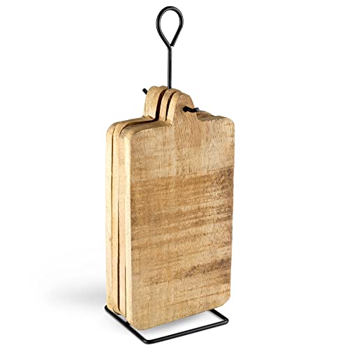 Novaliv Juego de 4 tablas de madera con práctico soporte, 24 x 12 x 1 cm, tabla de madera para cocina, desayuno y decoración
