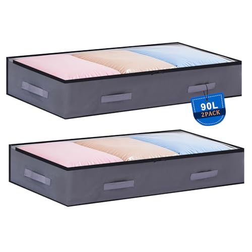 JAECU 2PCS 90L Bolsas Almacenaje Ropa Debajo de la Cama, Bolsa Almacenamiento Plegable con Ventana Transparente, Organizador Armario para Abrigos Mantas Edredones, 100x50x18 cm