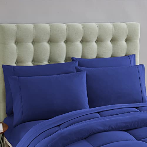 Sweet Home Collection 7 Piece Comforter Set Bag Solid Color All Season Soft Down Alternative Blanket & Luxurious Microfiber Bed Sheets, Royal Blue, Queen