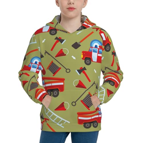 Cartoon Fire Truck Kids Pullover Hoodies Boys Sweatshirts Girls Athletic Clothes with Pocket