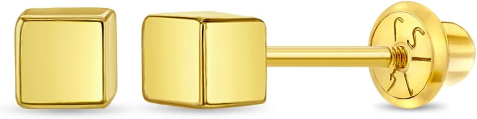 14k Yellow Gold Girls Petite Cubed Screw Back Earrings - Tiny Square Studs For Toddlers & Little Girls - Small & Delicate Square Earrings For A Young Kids - Unique Cubed Shaped Screwbacks