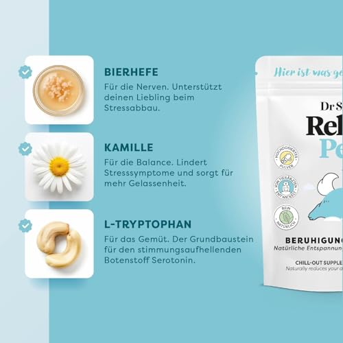 Dr. SAM Premium Anti-Stresspulver für Hunde - RelaxPet als natürliches Beruhigungsmittel für Entspannung bei Angst & Stress - Ruhe beim Reisen und besonderen Anlässen - hochdosiert - 45g