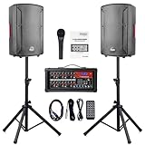 EXOTON S-1202 12inch 2000W Bluetooth PA System with Powered Mixer Set, Passive Speakers with 6 Channel Mixer/Stands/Mic/Effect Controller/ 48V Phantom Power,for Indoor&Outdoor