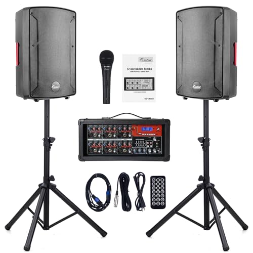 EXOTON S-1202 12inch 2000W Bluetooth PA System with Powered Mixer Set, Passive Speakers with 6 Channel Mixer/Stands/Mic/Effect Controller/ 48V Phantom Power,for Indoor&Outdoor