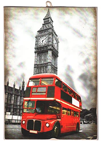 Kustom Art Tableau Tableau Style Vintage Série Londres (London) Red Bus et Big Ben Impression sur Bois 25 x 18 cm
