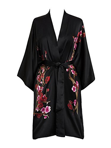 Old Shanghai Women's Silk Kimono Short Robe - Handpainted, Cherry Blossom Black, One Size.