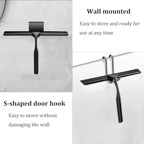 Image of 10 inch Stainless Steel Shower Squeegee for Shower Glass with Adhesive Hook for Cleaning Bathroom Glass Doors Car Window Mirrors and Tile Wall (Matte Black + Hook)