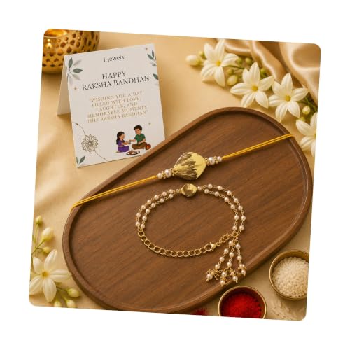 Image of I Jewels Pearl Bhaiya Bhabhi Lumba Rakhi Bracelet Combo Set With Roli Chawal & Rakshabandhan Greeting Card
