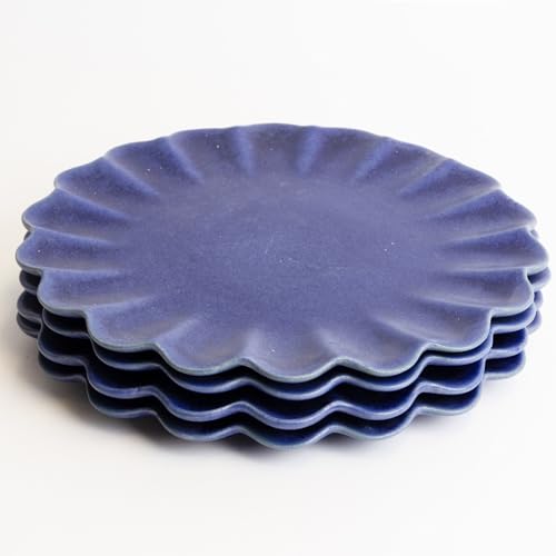 LEMIEUX ET CIE Dhalia 4-Piece Dinner Plate Set Stoneware, Plates, Dishwasher and Microwave Safe, Dish Set for 4, Blue