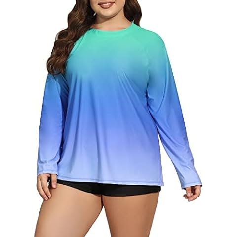 Halcurt Women's Plus Size Long Sleeve Rash Guard Shirts Swim Top UPF50+ Sun Protection Loose Fit Quick Dry Swimsuit Black Ombre Blue1 3X Cover