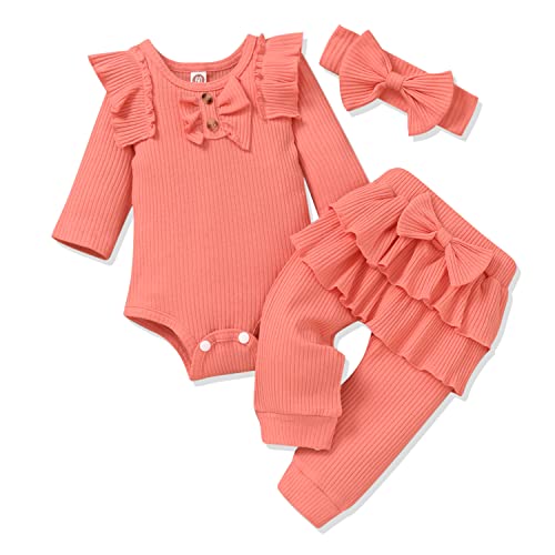Image of Aalizzwell Preemie Newborn Infant Baby Girls Clothes Ribbed Bodysuit Pants Set Fall Winter Outfits