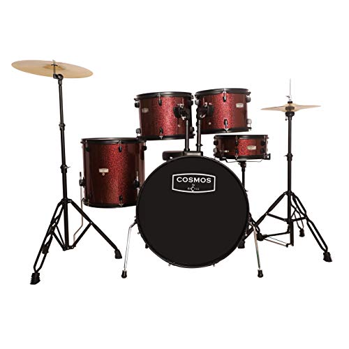 Image of ARCTIC COSMOS 5 Piece Complete Acoustic Drum Kit /Drumset with drumsticks, Cymbals and throne - With Hardware. Best Sounding shells, most durable build. (Red)