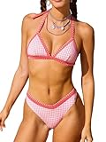 CUPSHE Women's Bikini Sets Two Piece Swimsuits Halter V Neck Strappy Hook Shell Stitch Cheeky Swimwear, M Coral Pink