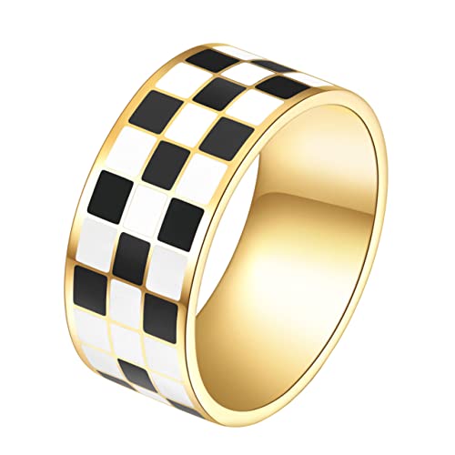 Image of PAMTIER Unisex 8mm Black and White Checkerboard Pattern Signet Ring | Stainless Steel