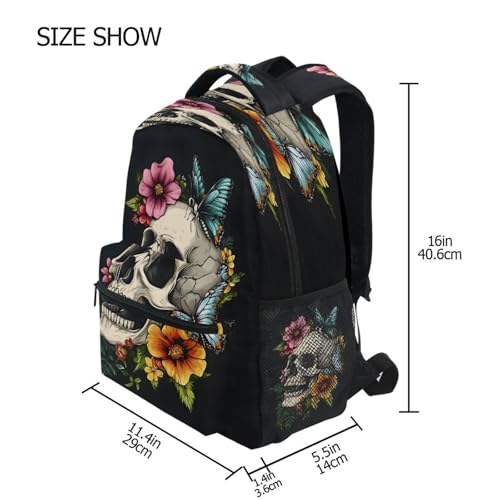 Black Sugar Skull Flower Butterfly Backpack for School Boys Girls Adults Kids Bookbag Laptop Bag 15L4