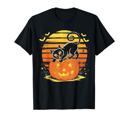 Retro Black Cat Pumpkin Halloween For Men And Women Vintage Camiseta
