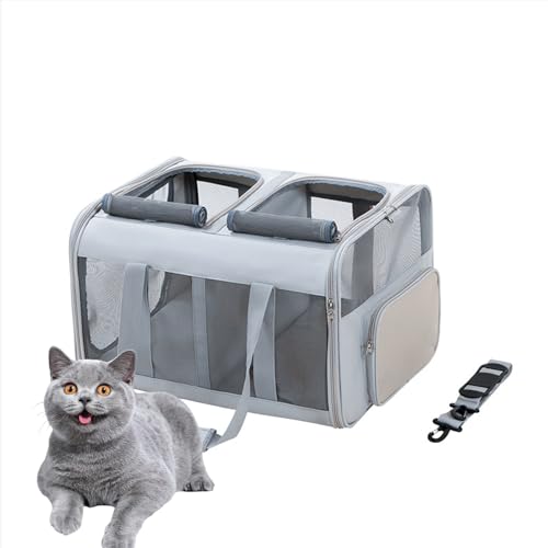 Light Gray,Transportín Doble para Dos Gatos,Transportín para Mascotas De Doble Compartimento para 2 Gatos, Transportín De Viaje para Gatos con Correa Ajustable para El Hombro