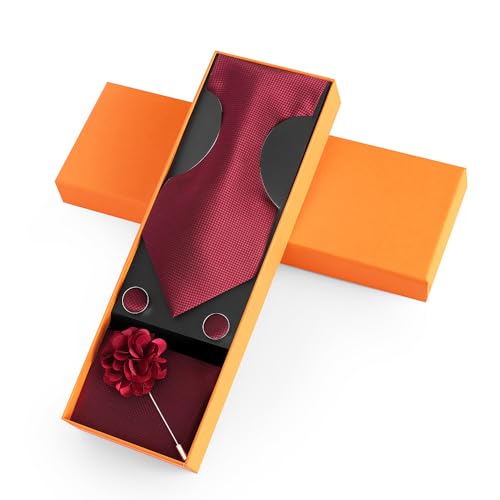 Image of Solid Color Ties Set Men Handkerchief Cufflinks Brooch 3.15 inches Classic Formal Necktie Pocket Square Set