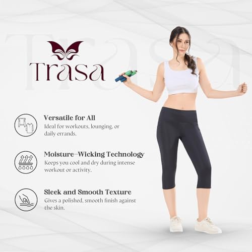 Image of TRASA Active 3 /4th Yoga Pants for Womens Gym High Waist with 2 Pockets, Tummy Control, Workout Pants 4 Way Stretch Yoga Capri - Available Sizes - S, M, L,XL, 2XL,3XL,4XL