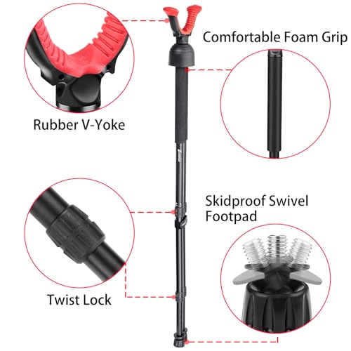 Zeadio Swivel Bipod Stick Rest with High Density Foam Grip, Twist-Style Locking Leg, and 360° Swivel Non-Marring V-Yoke Rest Head, 32\" to 65\"