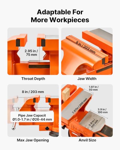 Image of VEVOR Heavy Duty Bench Vise, 8 inch Jaw Width, Multi-Purpose Ductile Iron Bench Vise with Anvil and 360-Degree Locking Swivel Base, 2.95 inch Throat Depth, 8 inch Max Jaw Opening, for Drilling, Pipe Cutting
