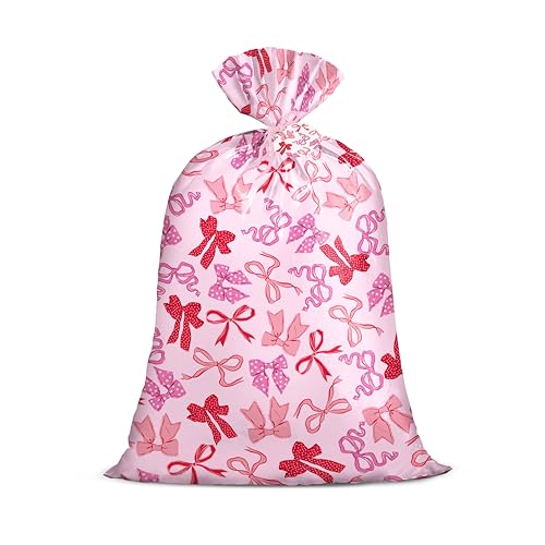 Loveinside Jumbo Large Plastic Gift Bag Pink Bow Design Plastic Bag with Tag and Tie for Girls Birthday Baby Shower Wedding Birdal Shower and Valentines Day 56 x 36 1 Pcs